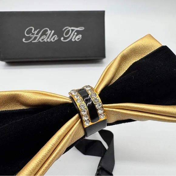 Men's PU Leather Bow Tie With Black & Gold Hardware With Crystal Stones - Picture 7 of 11